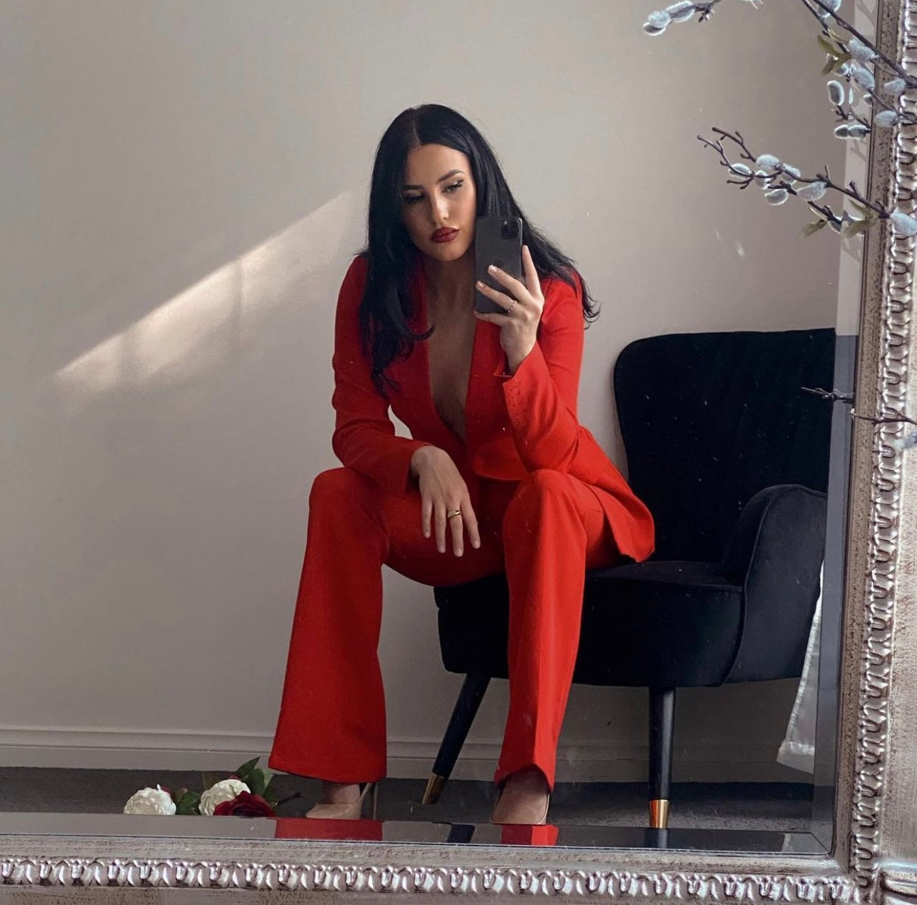 Gorgeous red blazer and high waisted fitted pants