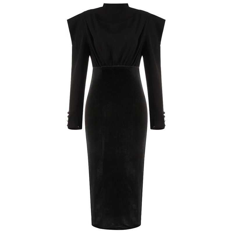 A midi dress comprising a velvet skirt with a draping high neck