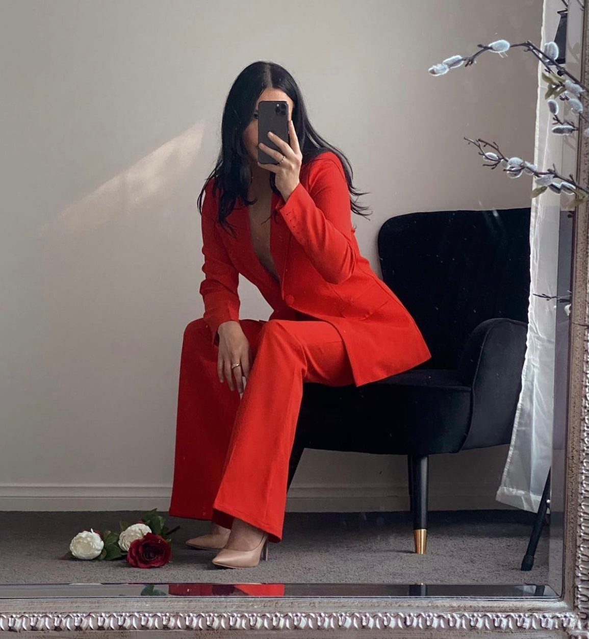 Gorgeous red blazer and high waisted fitted pants