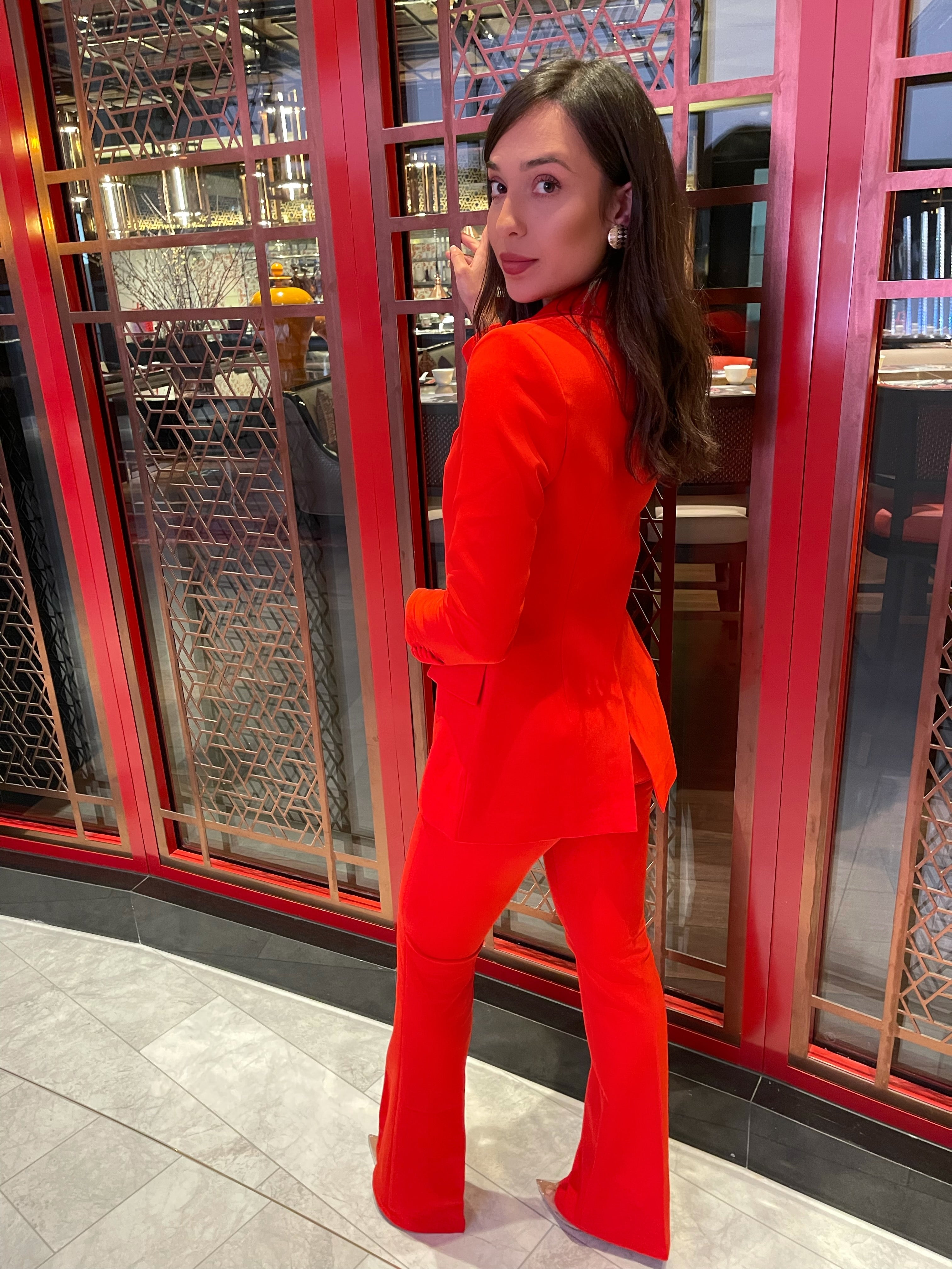 Gorgeous red blazer and high waisted fitted pants